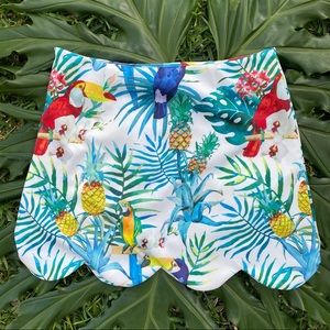 Palm and Bird Print Scolloped Edge Mini Skirt